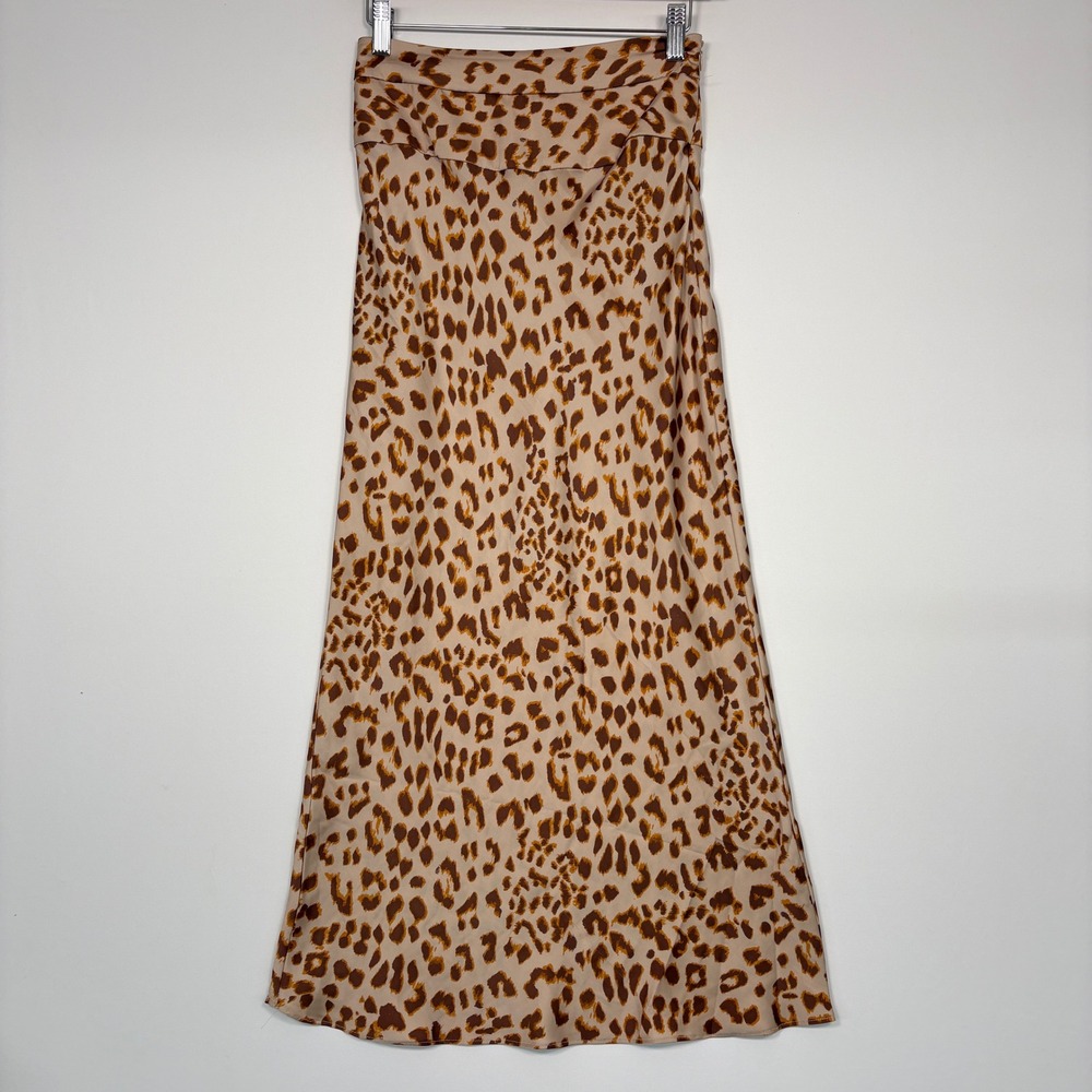 Free People Womens Maxi Skirt 0 Tan Brown Leopard Print Satin A-Line OB1035043